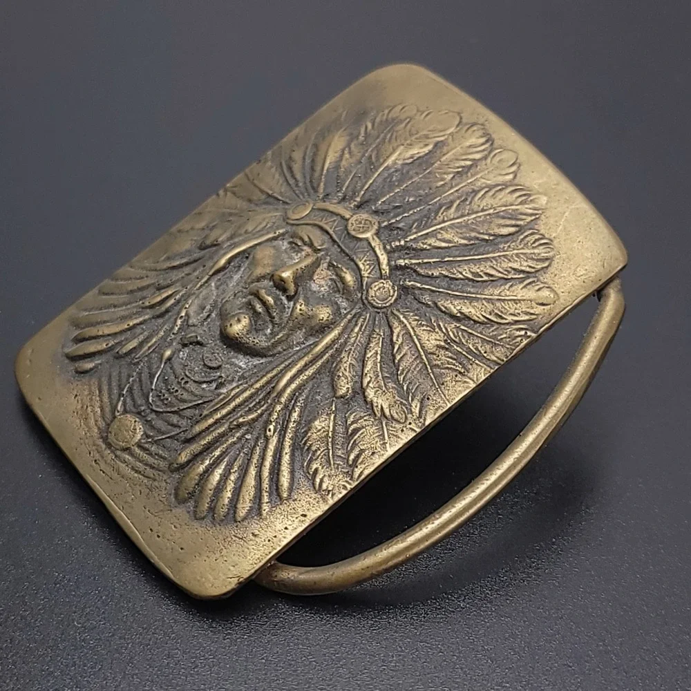 Vintage Solid Brass Native American Chief Belt Buckle Headdress Western Boho